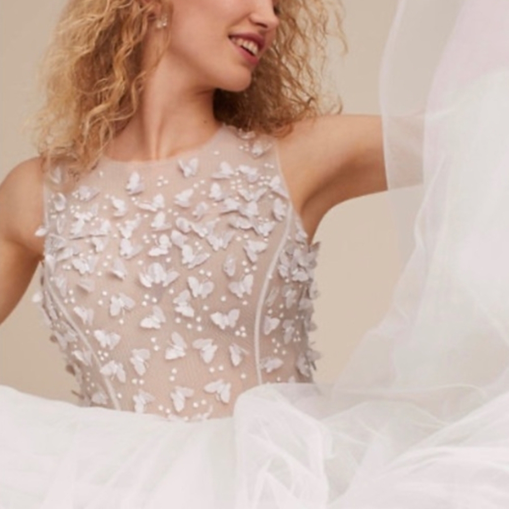 BHLDN White Sheer Butterfly Lace Bodice Wedding Dress Size 10 - Picture 5 of 12